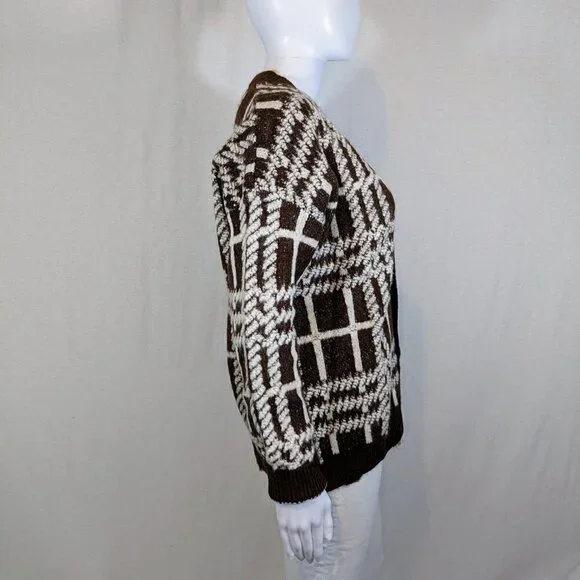 Cider 90s Brown/Ivory Chunky Cardigan Button Down V-Neck Sweater Womens M - Picture 3 of 5